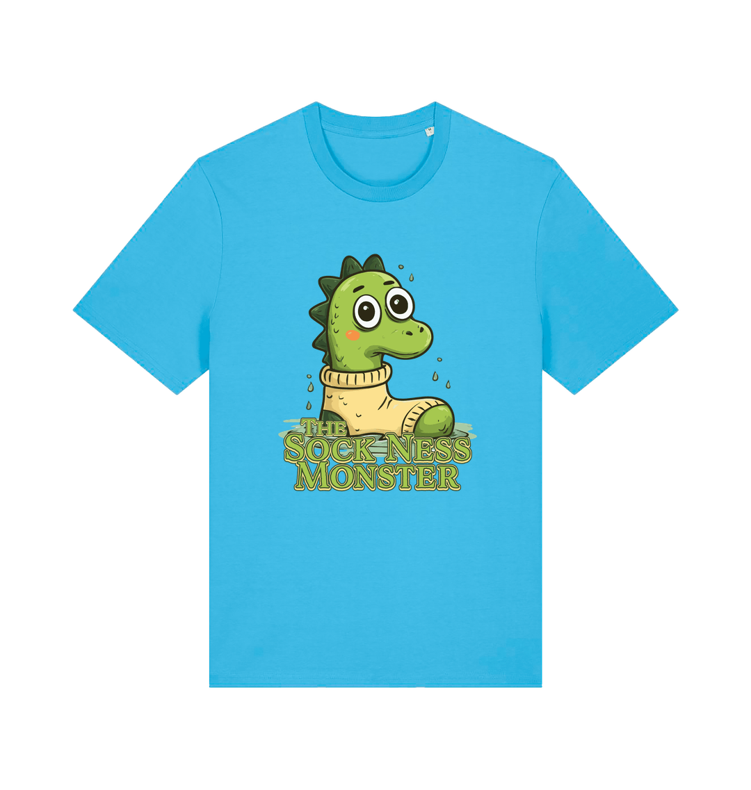 blue animal t-shirt with the graphic of nessie in a sock and the slogan 'the sock ness monster'