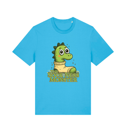 blue animal t-shirt with the graphic of nessie in a sock and the slogan 'the sock ness monster'