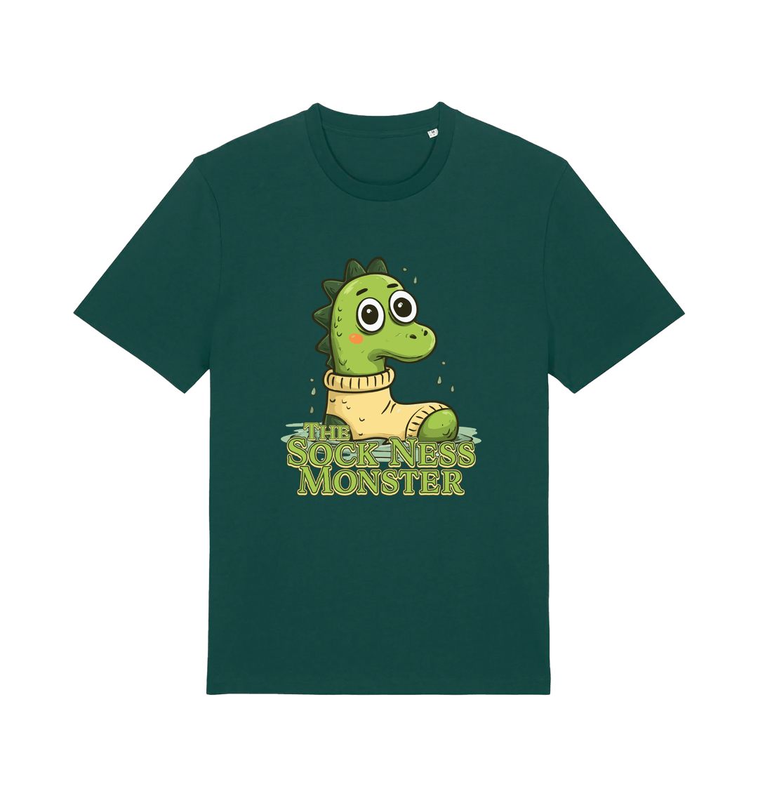 green animal t-shirt with the graphic of nessie in a sock and the slogan 'the sock ness monster'