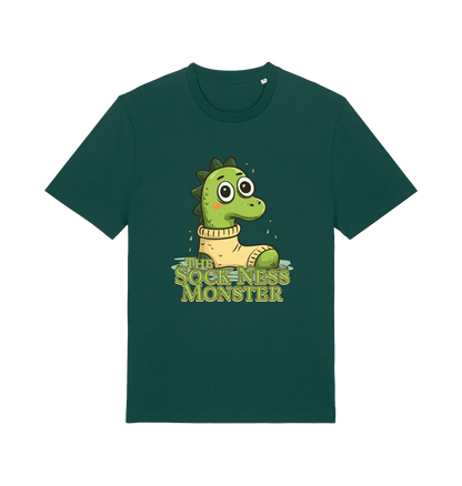 green animal t-shirt with the graphic of nessie in a sock and the slogan 'the sock ness monster'