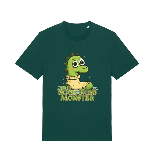 green animal t-shirt with the graphic of nessie in a sock and the slogan 'the sock ness monster'