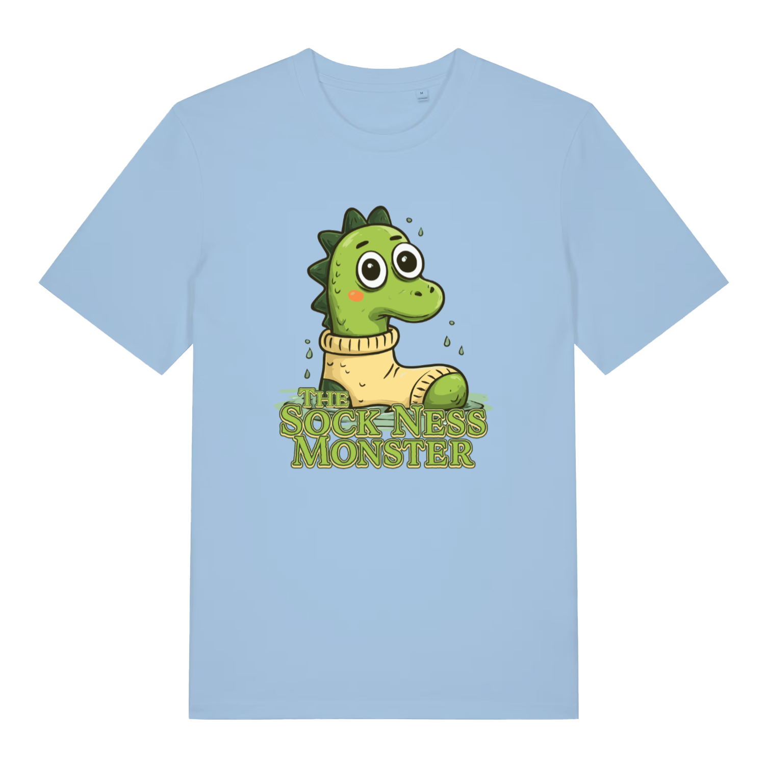light blue funny animal t-shirt with the graphic of nessie at in a sock and the slogan 'the sock ness monster'
