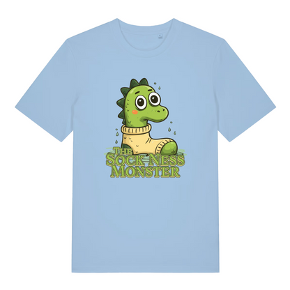 light blue funny animal t-shirt with the graphic of nessie at in a sock and the slogan 'the sock ness monster'