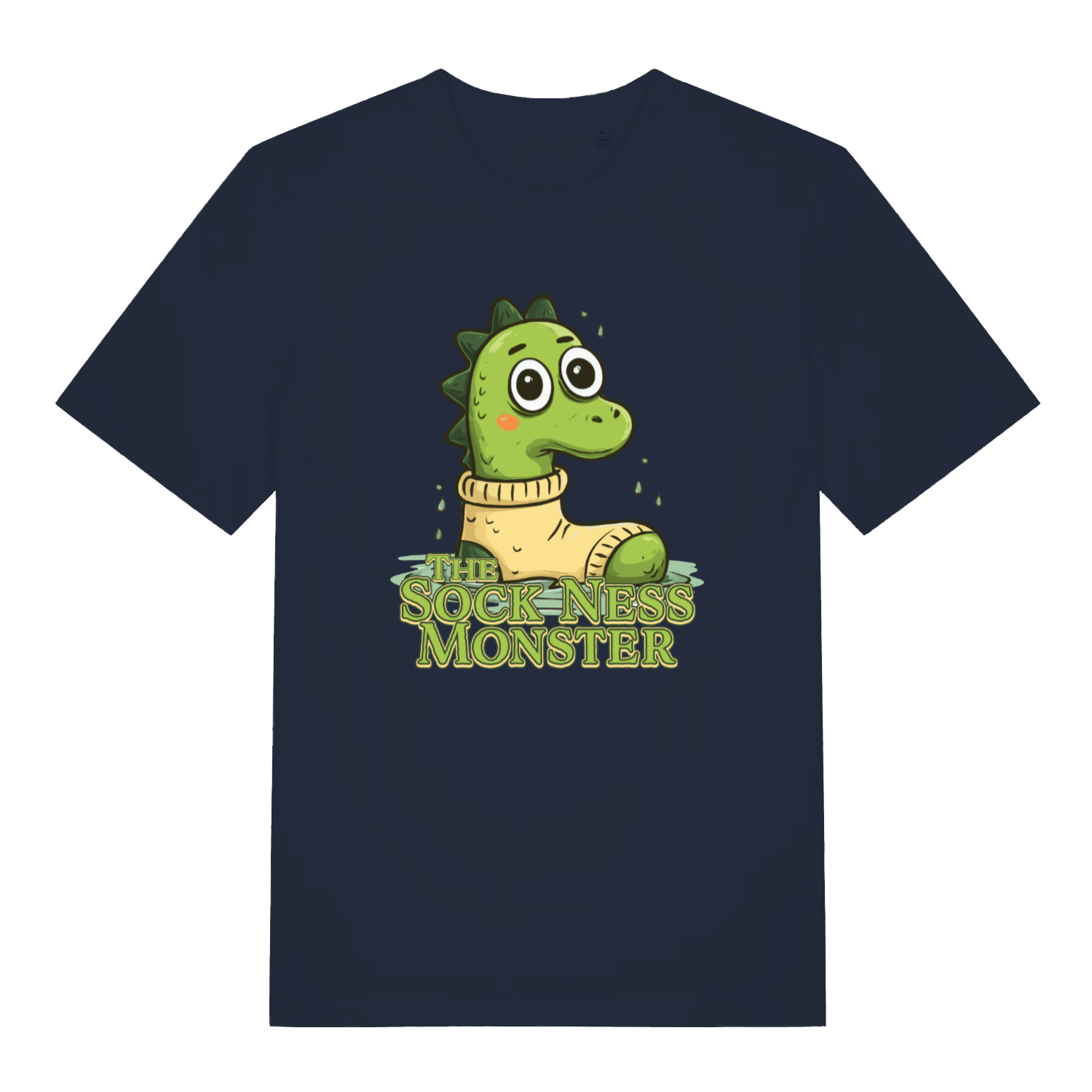 navy funny animal t-shirt with the graphic of nessie at in a sock and the slogan 'the sock ness monster'