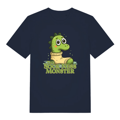 navy funny animal t-shirt with the graphic of nessie at in a sock and the slogan 'the sock ness monster'