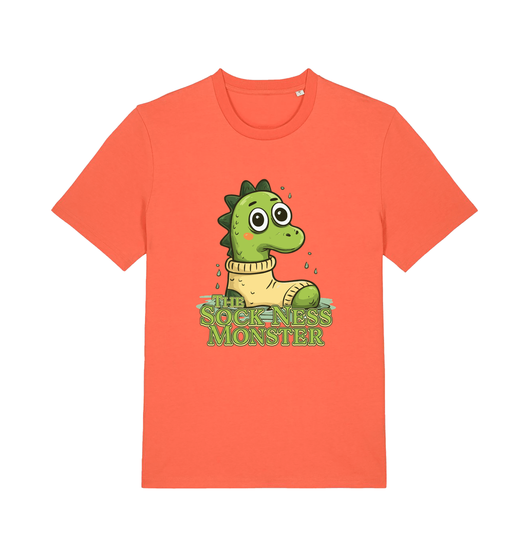 orange animal t-shirt with the graphic of nessie in a sock and the slogan 'the sock ness monster'