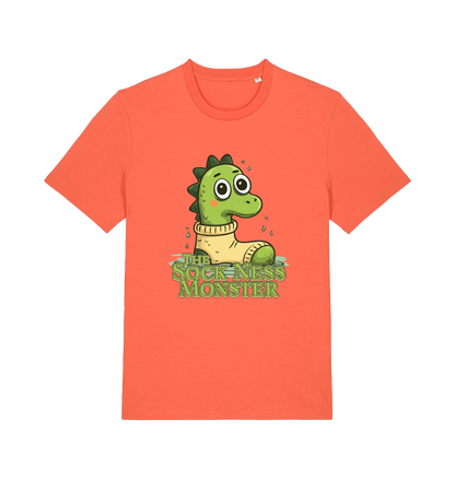 orange animal t-shirt with the graphic of nessie in a sock and the slogan 'the sock ness monster'