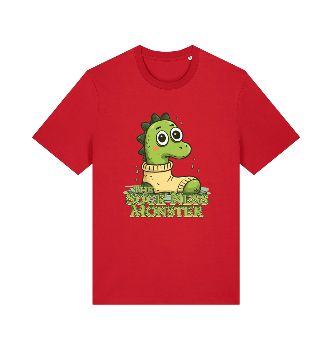 red animal t-shirt with the graphic of nessie in a sock and the slogan 'the sock ness monster'
