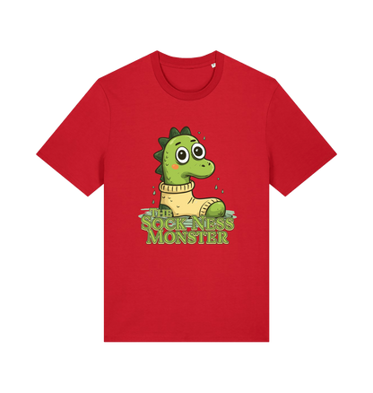 red animal t-shirt with the graphic of nessie in a sock and the slogan 'the sock ness monster'