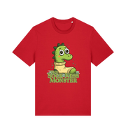 red animal t-shirt with the graphic of nessie in a sock and the slogan 'the sock ness monster'