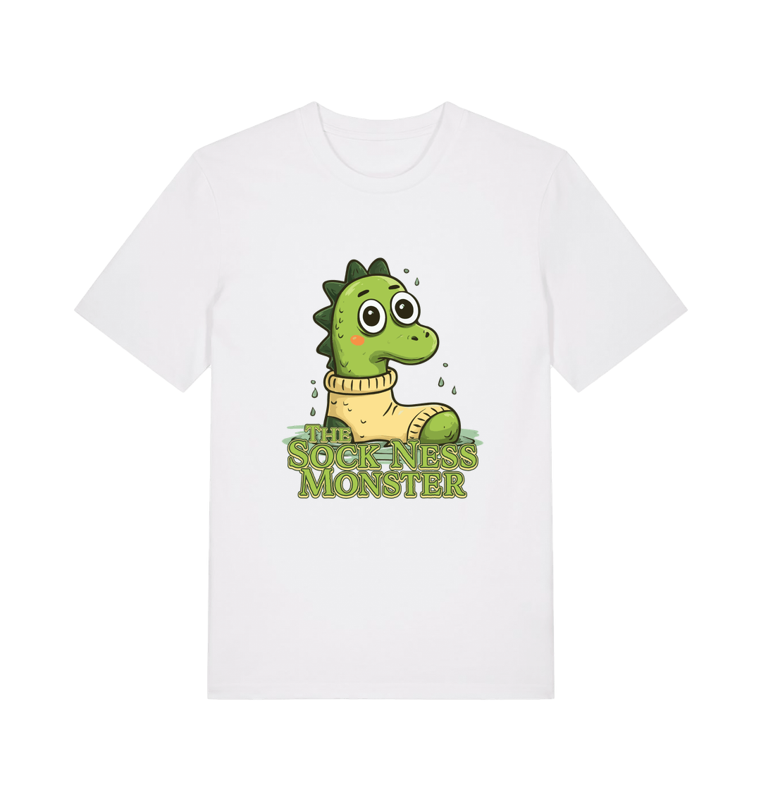 white animal t-shirt with the graphic of nessie in a sock and the slogan 'the sock ness monster'