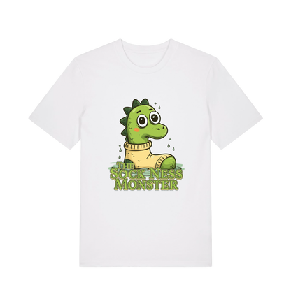 white animal t-shirt with the graphic of nessie in a sock and the slogan 'the sock ness monster'