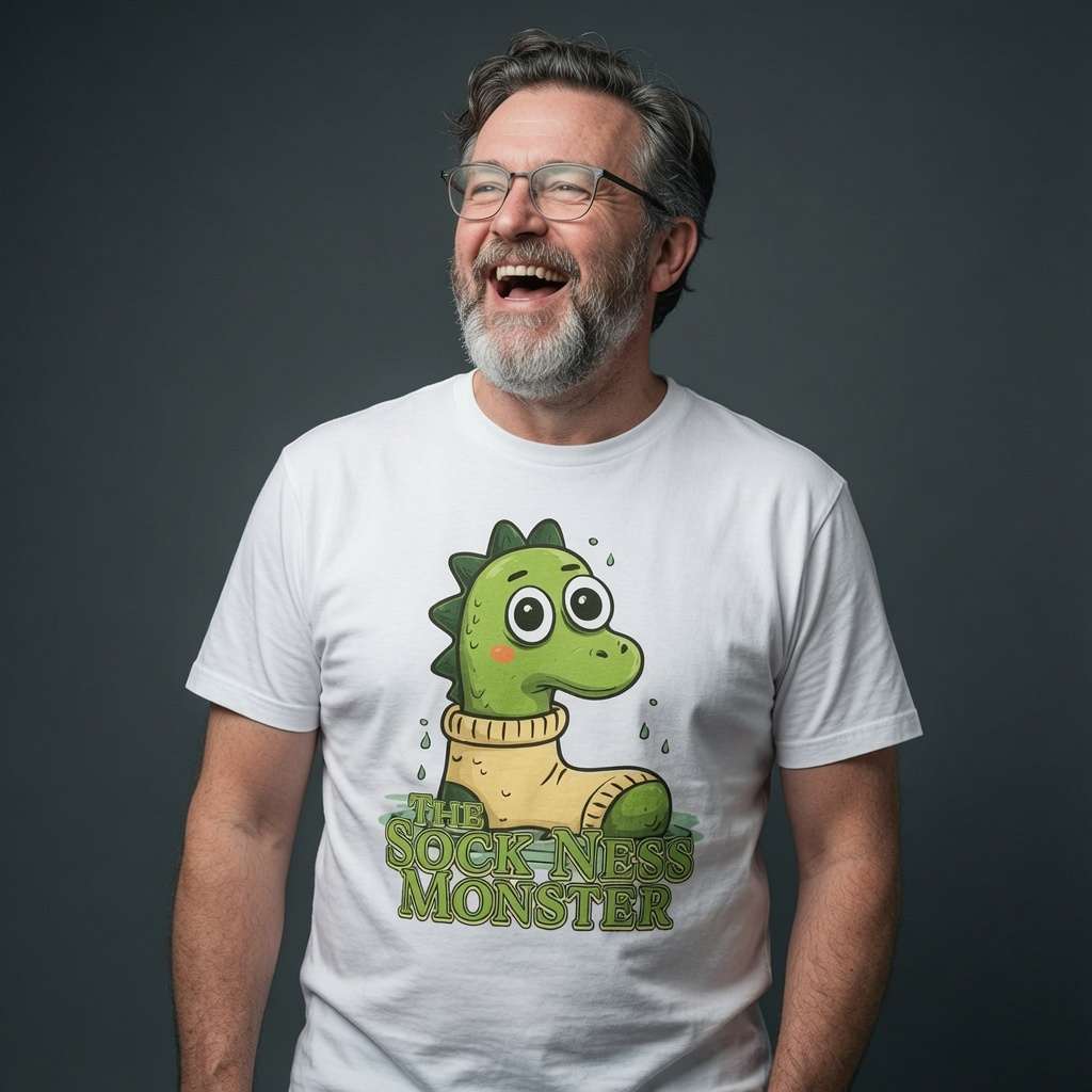 Bearded man with glasses laughing while wearing a white The Sock Ness Monster t-shirt featuring a cute Loch Ness monster in a yellow sock, funny mens cheeky Nessie pun graphic