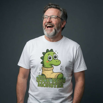 Bearded man with glasses laughing while wearing a white The Sock Ness Monster t-shirt featuring a cute Loch Ness monster in a yellow sock, funny mens cheeky Nessie pun graphic