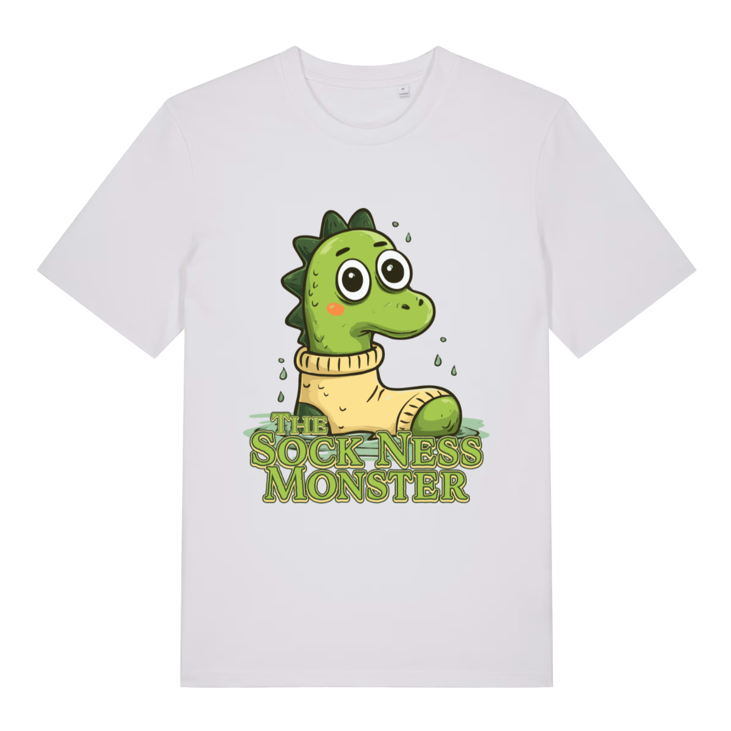 White The Sock Ness Monster funny animal t-shirt with bold sock ness lettering  