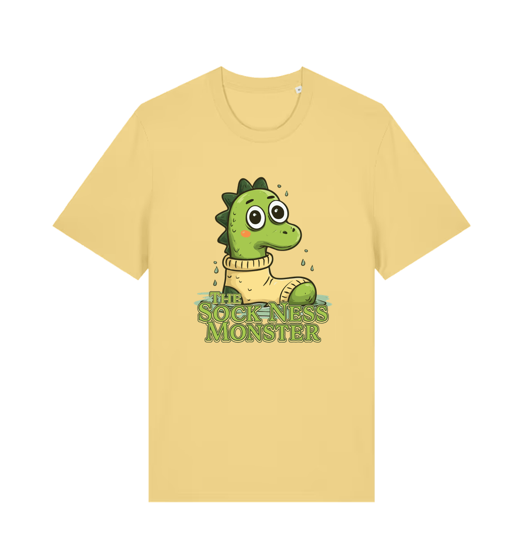 yellow animal t-shirt with the graphic of nessie in a sock and the slogan 'the sock ness monster'