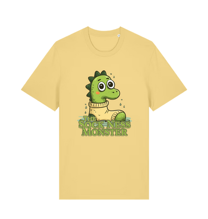 yellow animal t-shirt with the graphic of nessie in a sock and the slogan 'the sock ness monster'