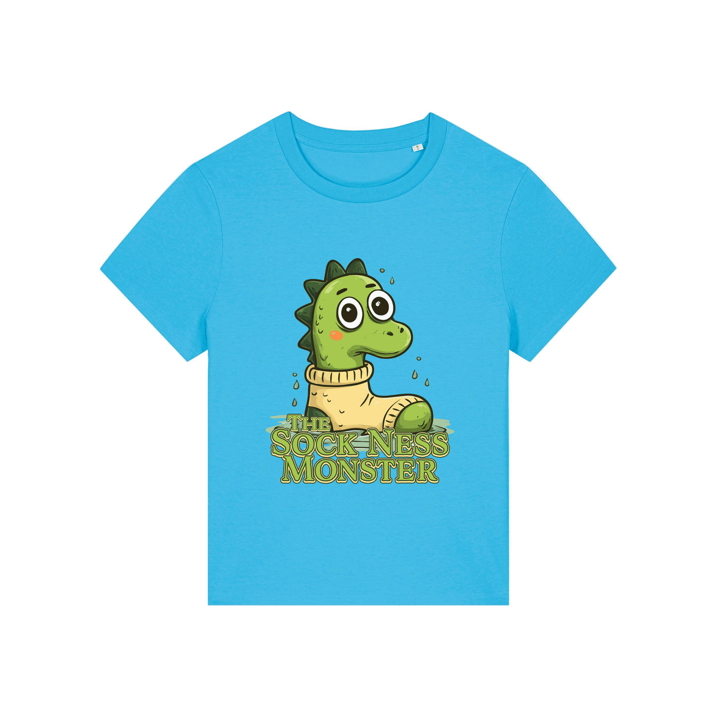 blue funny animal t-shirt with the graphic of nessie sat in a sock and the slogan 'the sock ness monster'