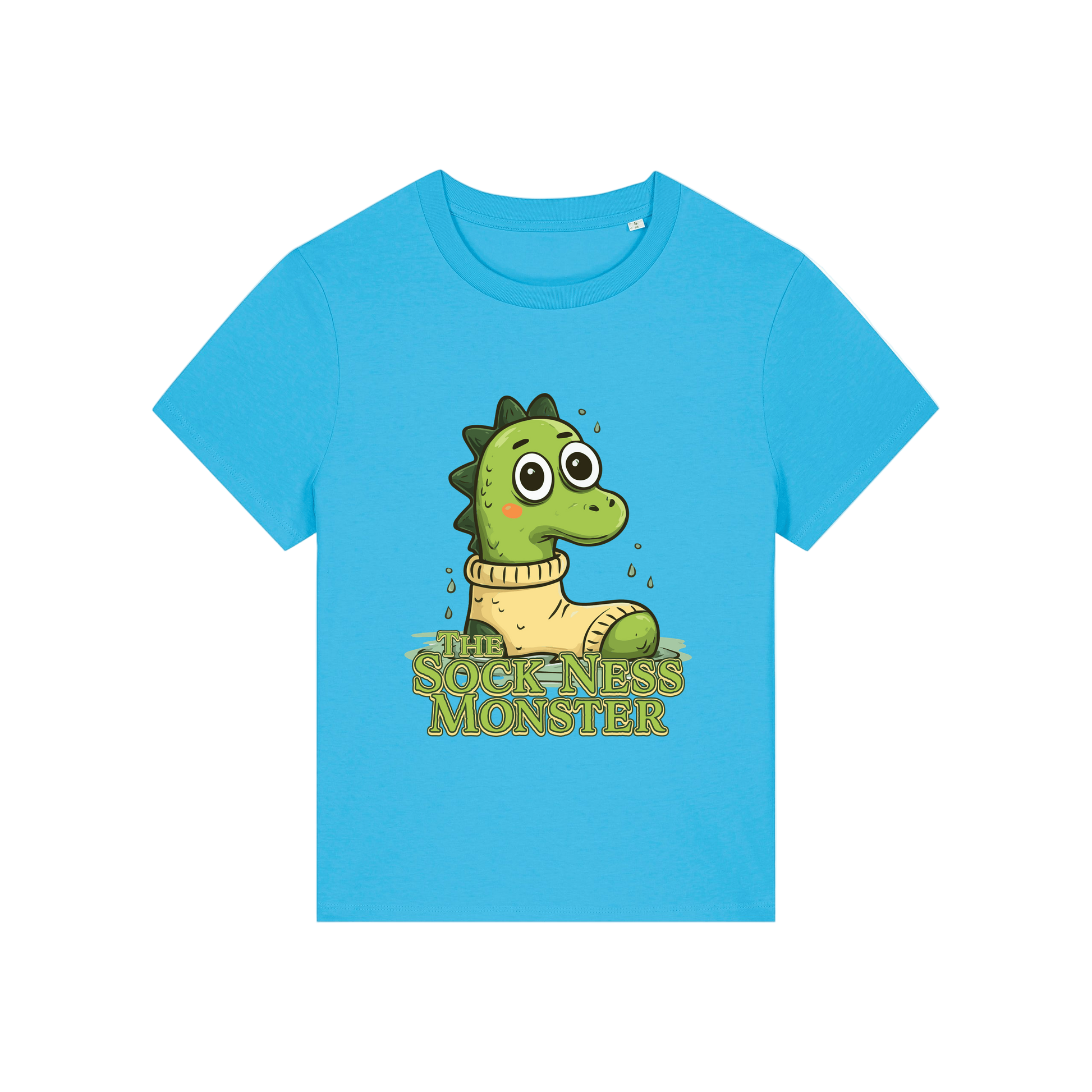 blue funny animal t-shirt with the graphic of nessie sat in a sock and the slogan 'the sock ness monster'
