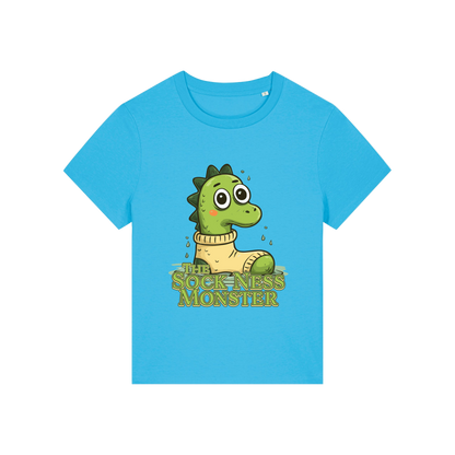 blue funny animal t-shirt with the graphic of nessie sat in a sock and the slogan 'the sock ness monster'