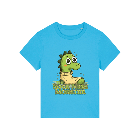 blue funny animal t-shirt with the graphic of nessie sat in a sock and the slogan 'the sock ness monster'