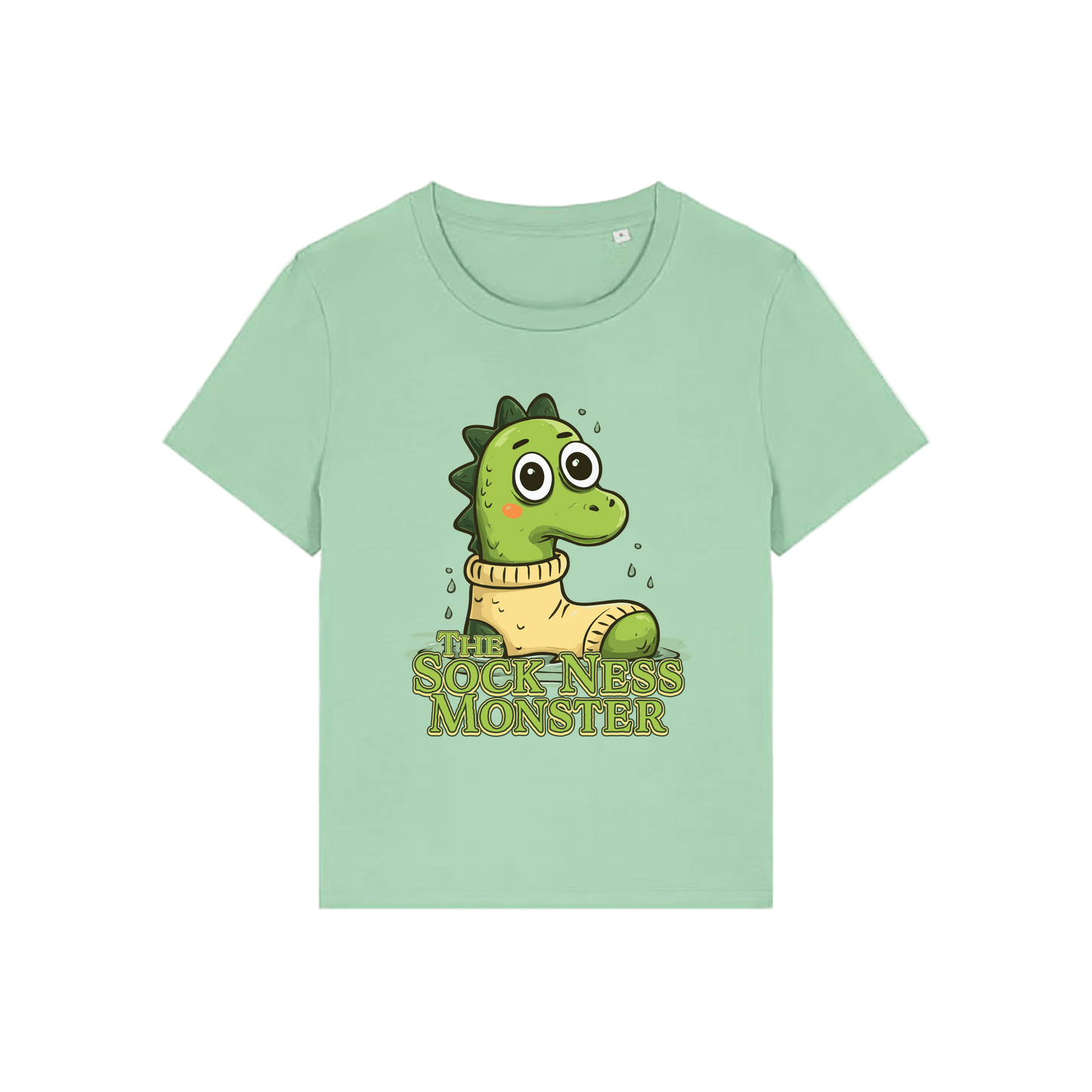 green funny animal t-shirt with the graphic of nessie sat in a sock and the slogan 'the sock ness monster'