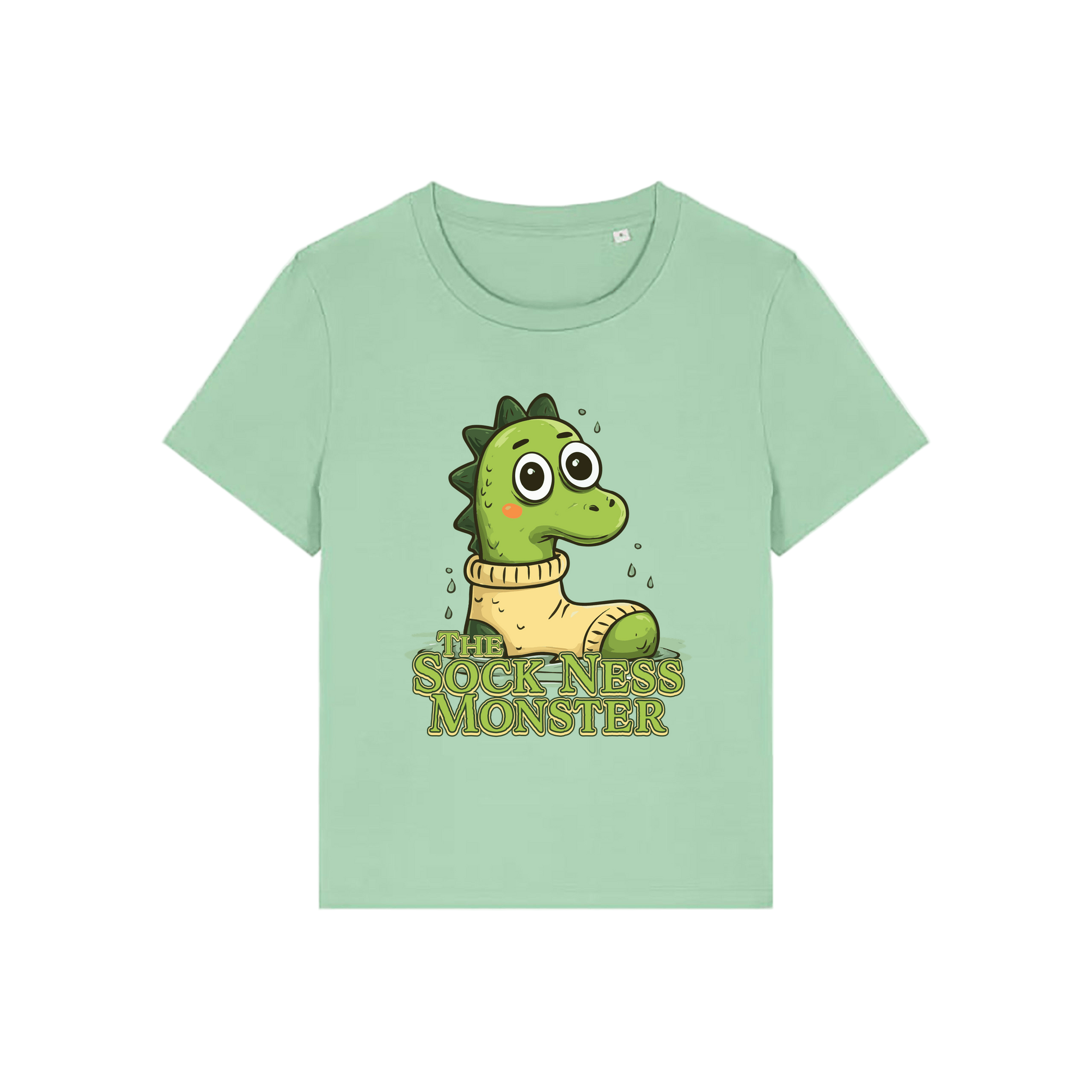 green funny animal t-shirt with the graphic of nessie sat in a sock and the slogan 'the sock ness monster'