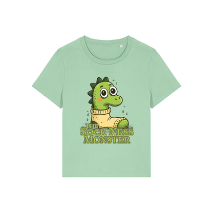 green funny animal t-shirt with the graphic of nessie sat in a sock and the slogan 'the sock ness monster'