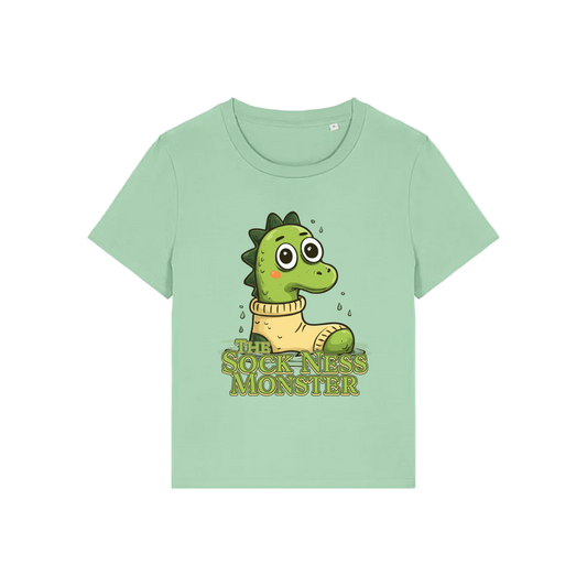green funny animal t-shirt with the graphic of nessie sat in a sock and the slogan 'the sock ness monster'