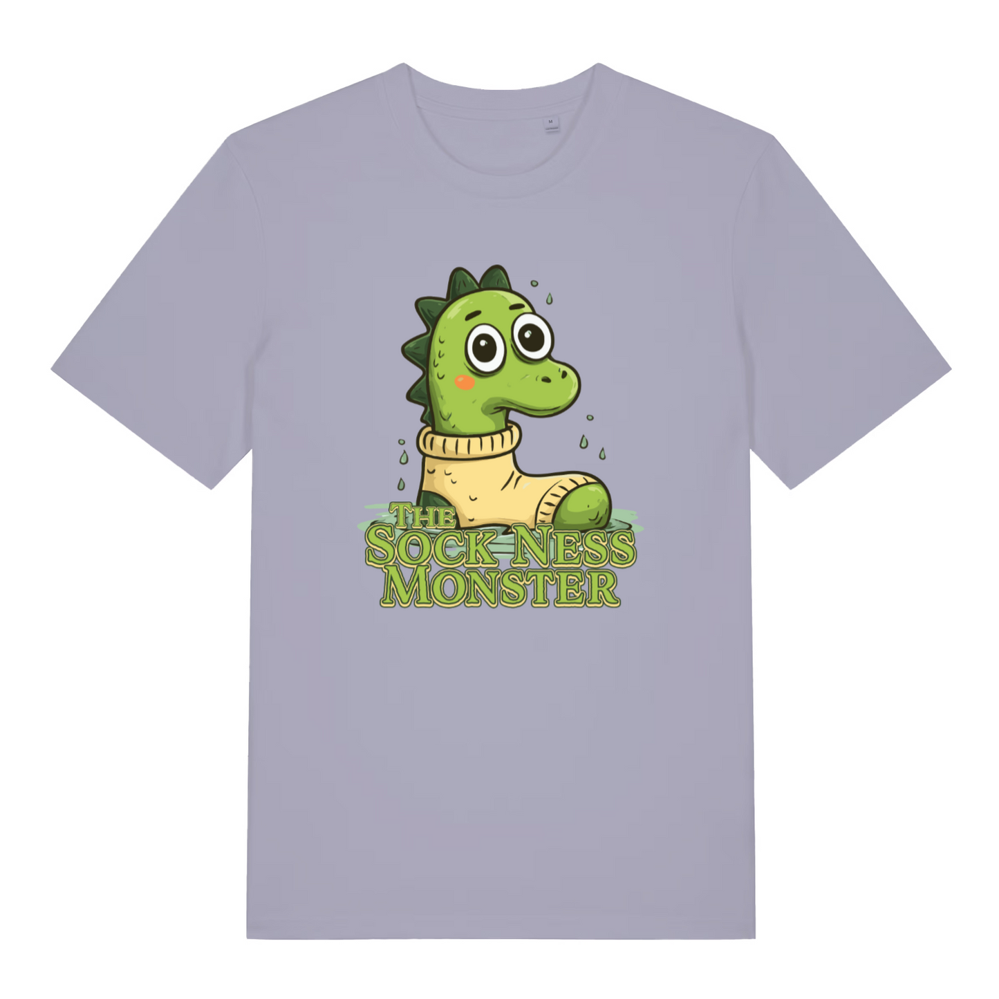 lavender women's funny animal t-shirt with the graphic of a cartoon loch ness monster inside a sock and the slogan 'the sock ness monster'