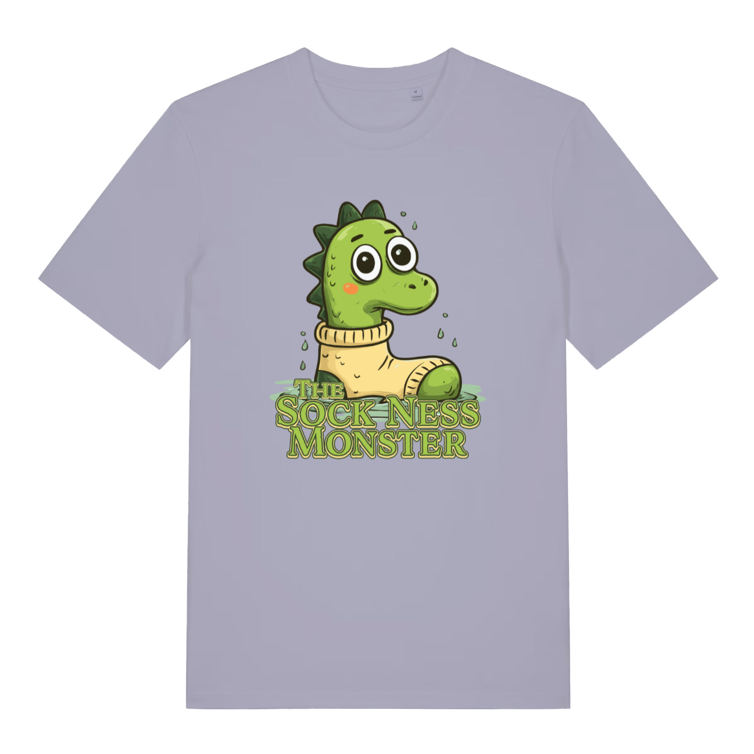 lavender women's funny animal t-shirt with the graphic of a cartoon loch ness monster inside a sock and the slogan 'the sock ness monster'