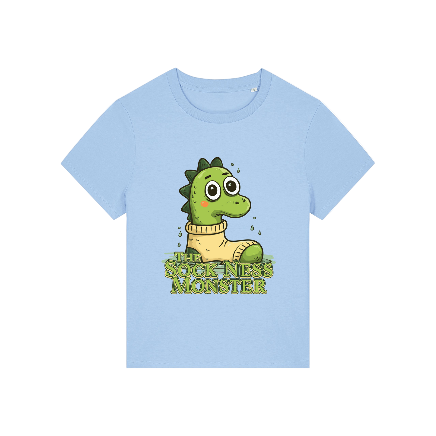 light blue funny animal t-shirt with the graphic of nessie sat in a sock and the slogan 'the sock ness monster'