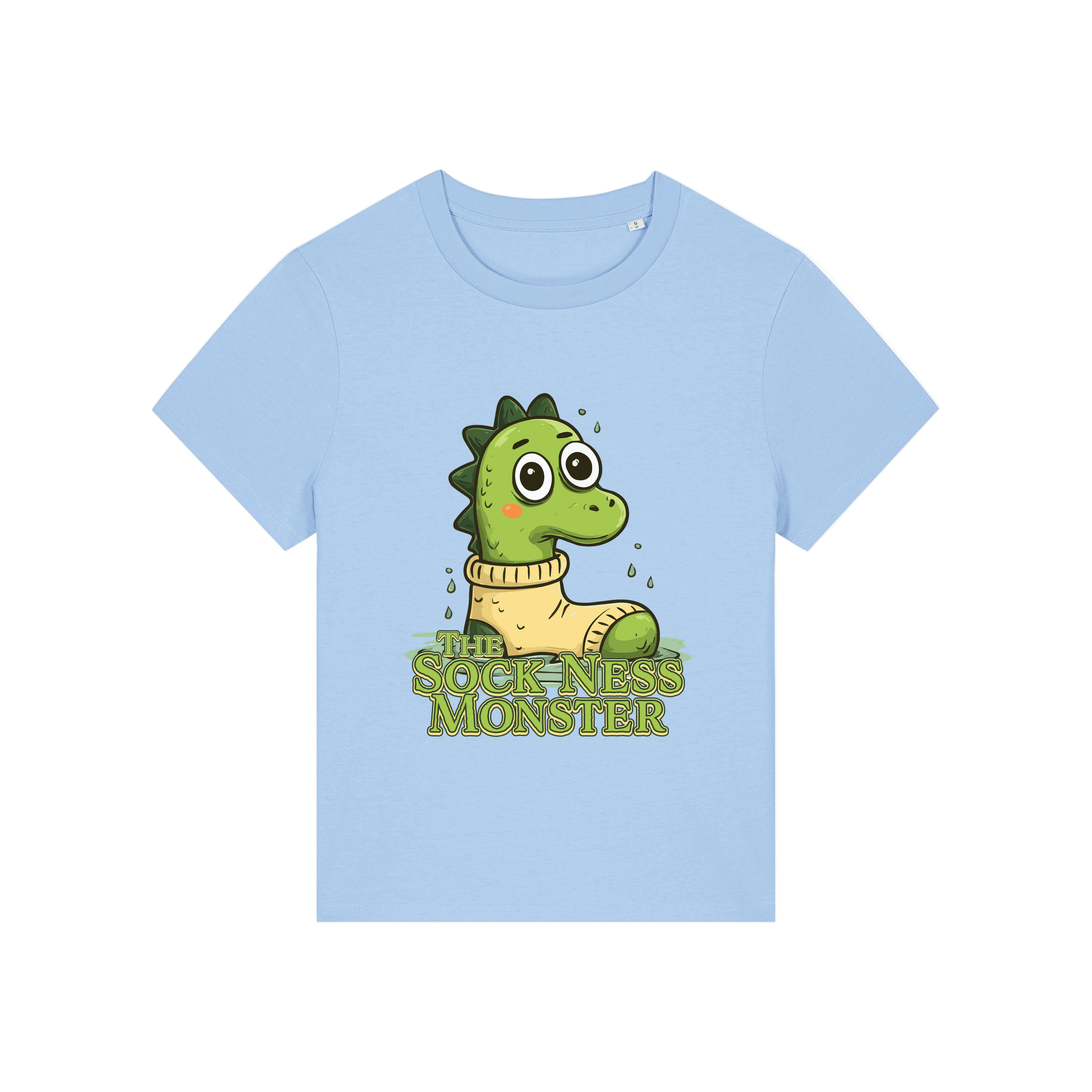 light blue funny animal t-shirt with the graphic of nessie sat in a sock and the slogan 'the sock ness monster'