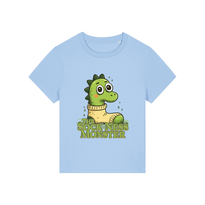 light blue funny animal t-shirt with the graphic of nessie sat in a sock and the slogan 'the sock ness monster'