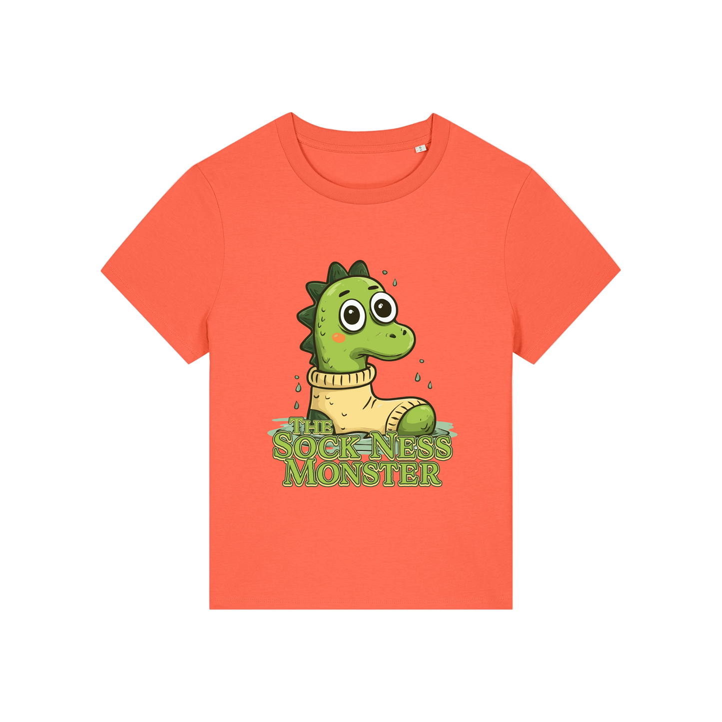 orange funny animal t-shirt with the graphic of nessie sat in a sock and the slogan 'the sock ness monster'