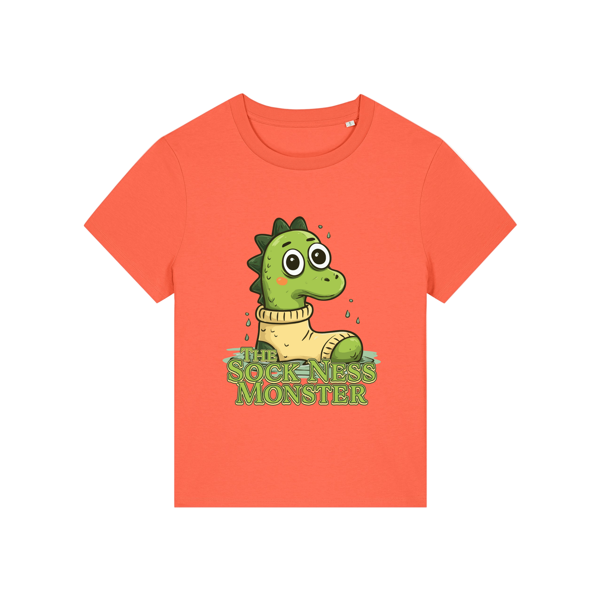 orange funny animal t-shirt with the graphic of nessie sat in a sock and the slogan 'the sock ness monster'