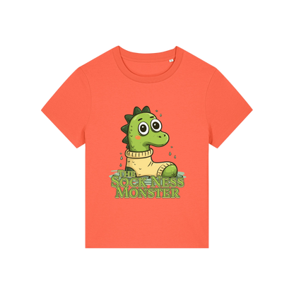 orange funny animal t-shirt with the graphic of nessie sat in a sock and the slogan 'the sock ness monster'