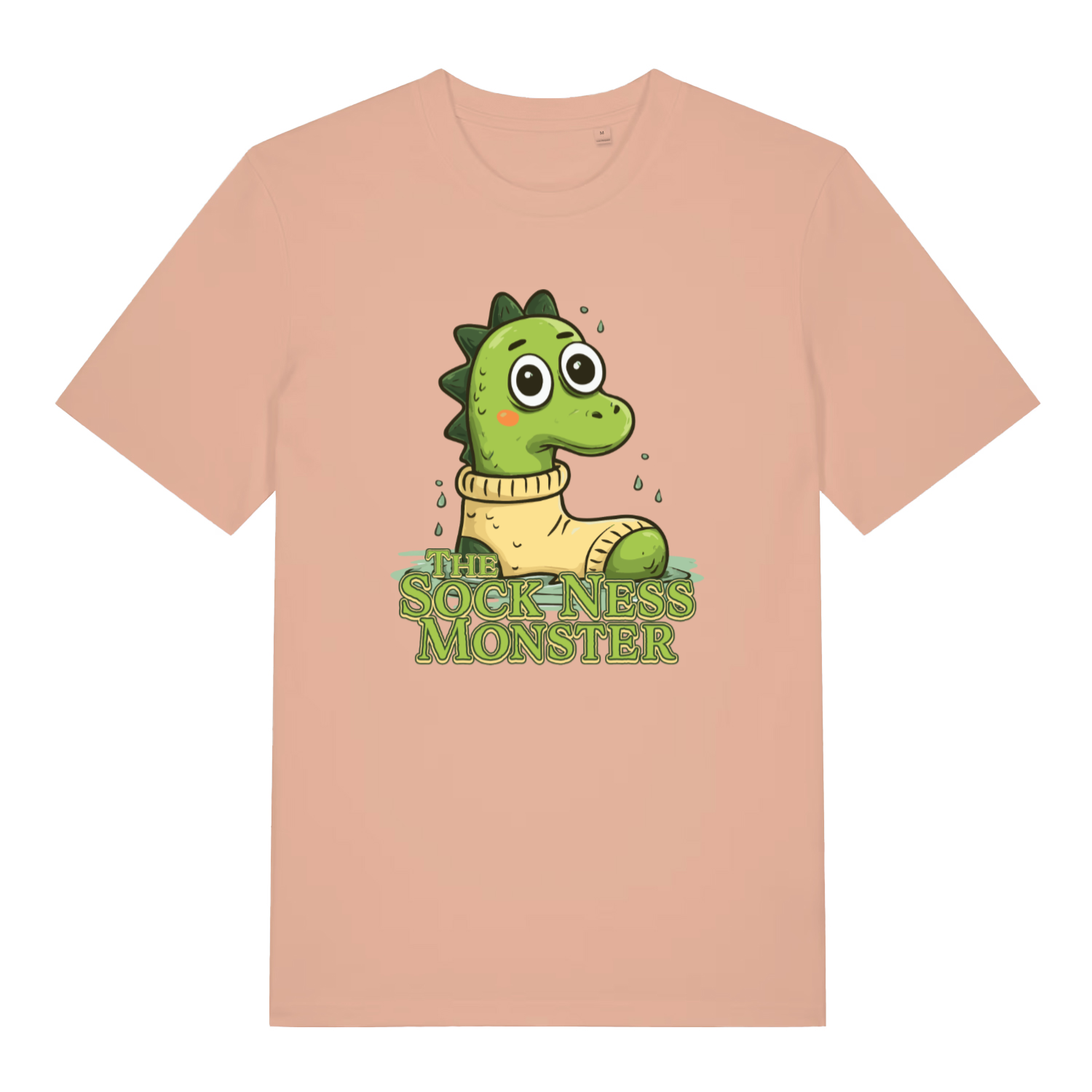 peach women's funny animal t-shirt with the graphic of a cartoon loch ness monster inside a sock and the slogan 'the sock ness monster'