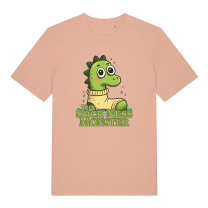 peach women's funny animal t-shirt with the graphic of a cartoon loch ness monster inside a sock and the slogan 'the sock ness monster'