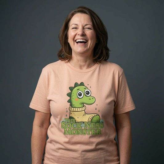 Woman laughing in a peach The Sock Ness Monster t-shirt with the full sock-wearing Nessie, witty ladies Nessie pun graphic full of pure attitude