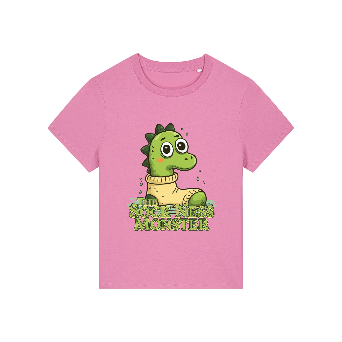 pink funny animal t-shirt with the graphic of nessie sat in a sock and the slogan 'the sock ness monster'