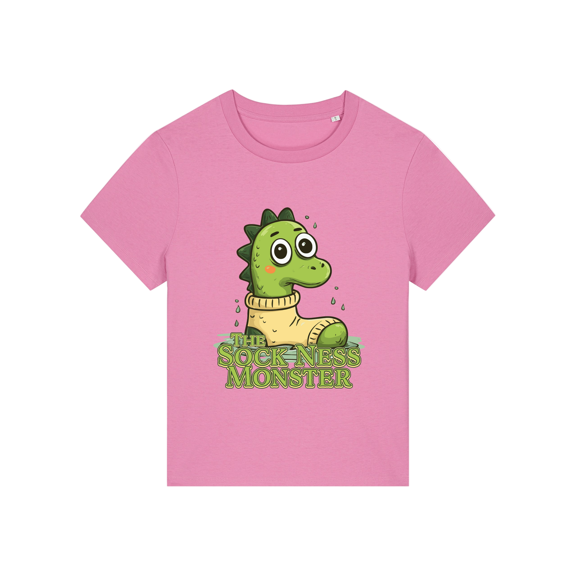 pink funny animal t-shirt with the graphic of nessie sat in a sock and the slogan 'the sock ness monster'