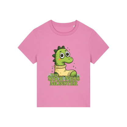pink funny animal t-shirt with the graphic of nessie sat in a sock and the slogan 'the sock ness monster'