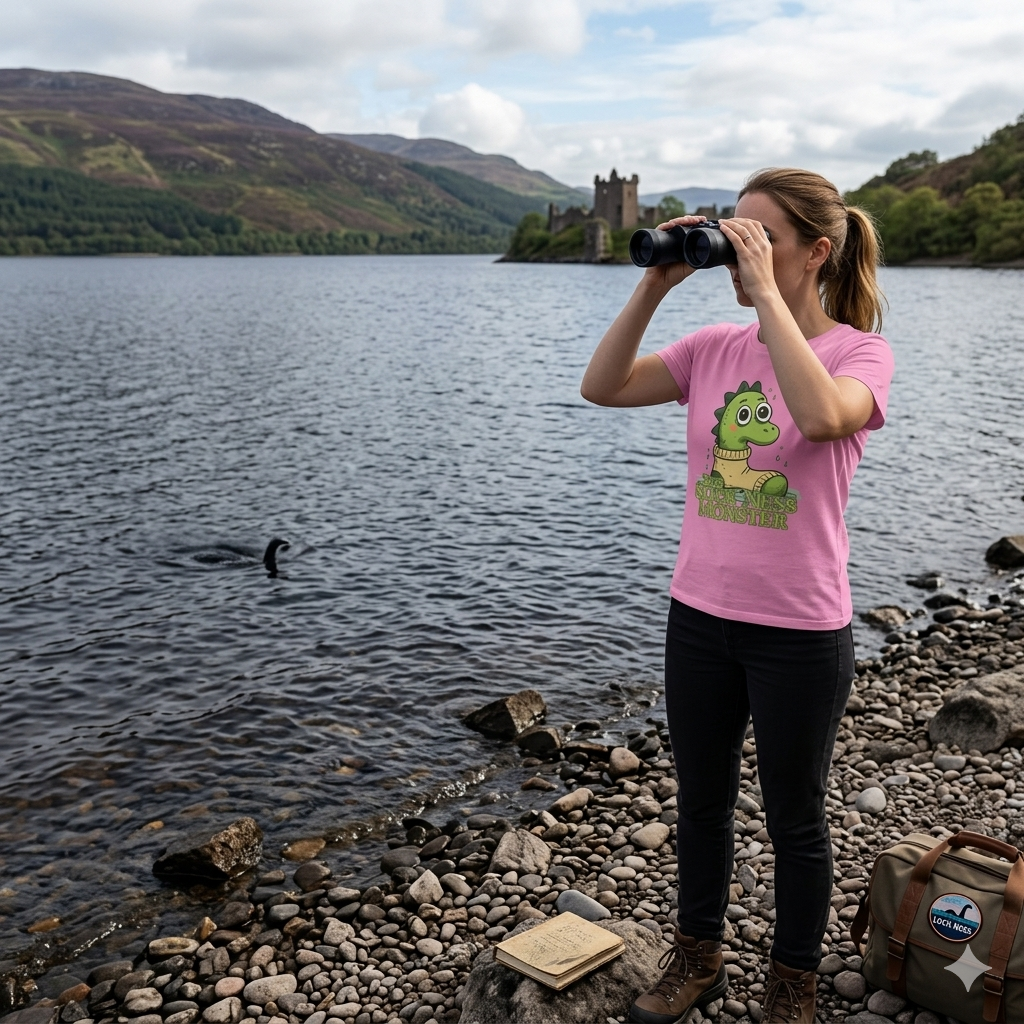 Person with binoculars by a lake with a castle in the background
