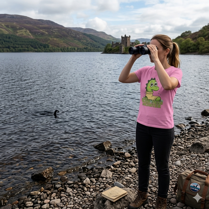 Person with binoculars by a lake with a castle in the background