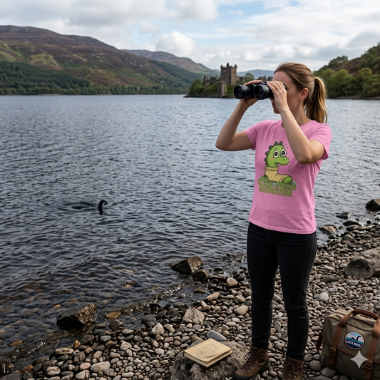 Person with binoculars by a lake with a castle in the background