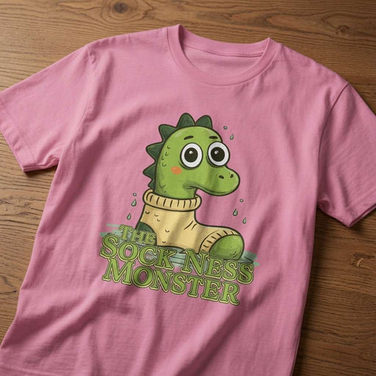 Pink The Sock Ness Monster t-shirt laid flat on a wooden surface showing the complete design, witty and fun ladies Nessie pun graphic that every cheeky lady will claim