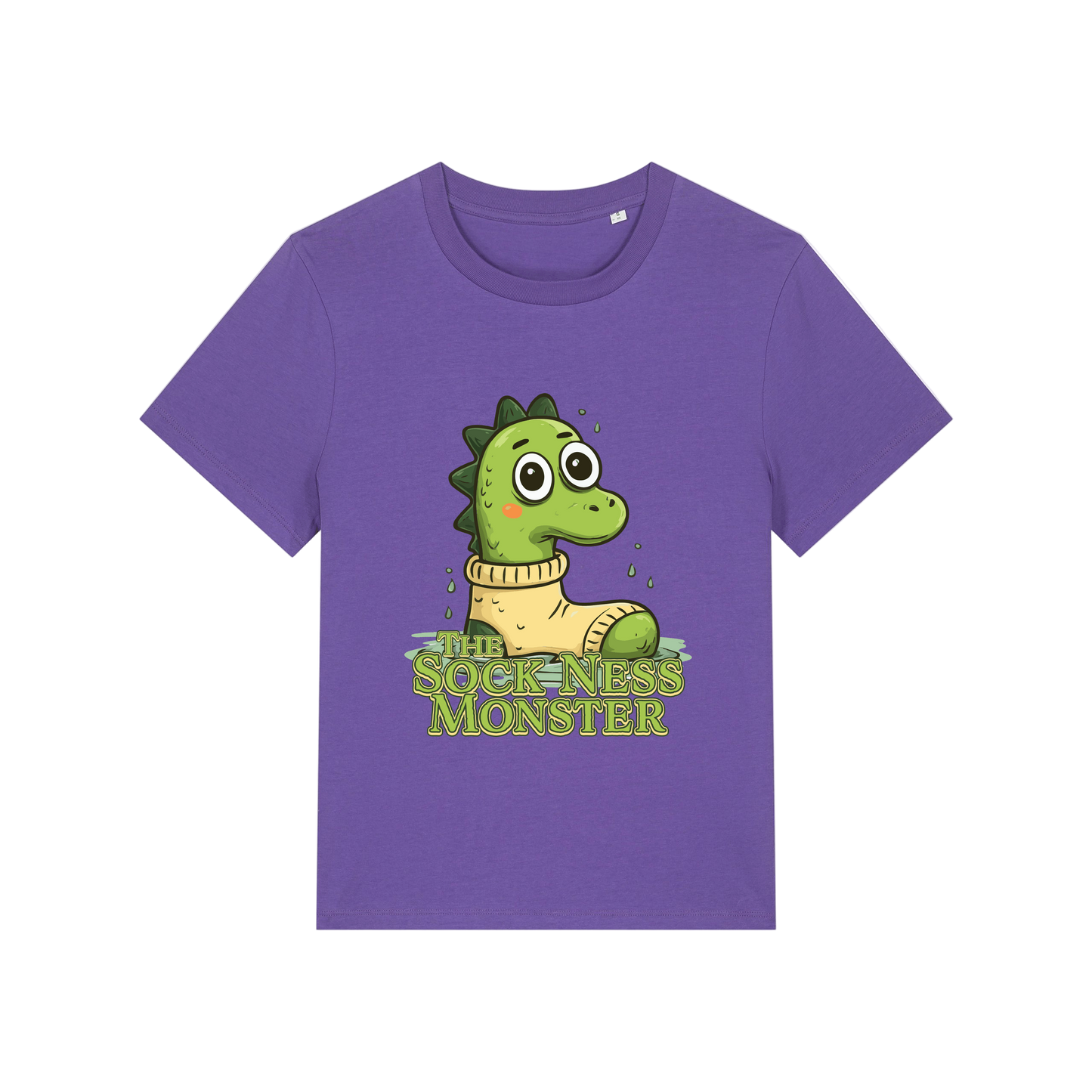 purple funny animal t-shirt with the graphic of nessie sat in a sock and the slogan 'the sock ness monster'