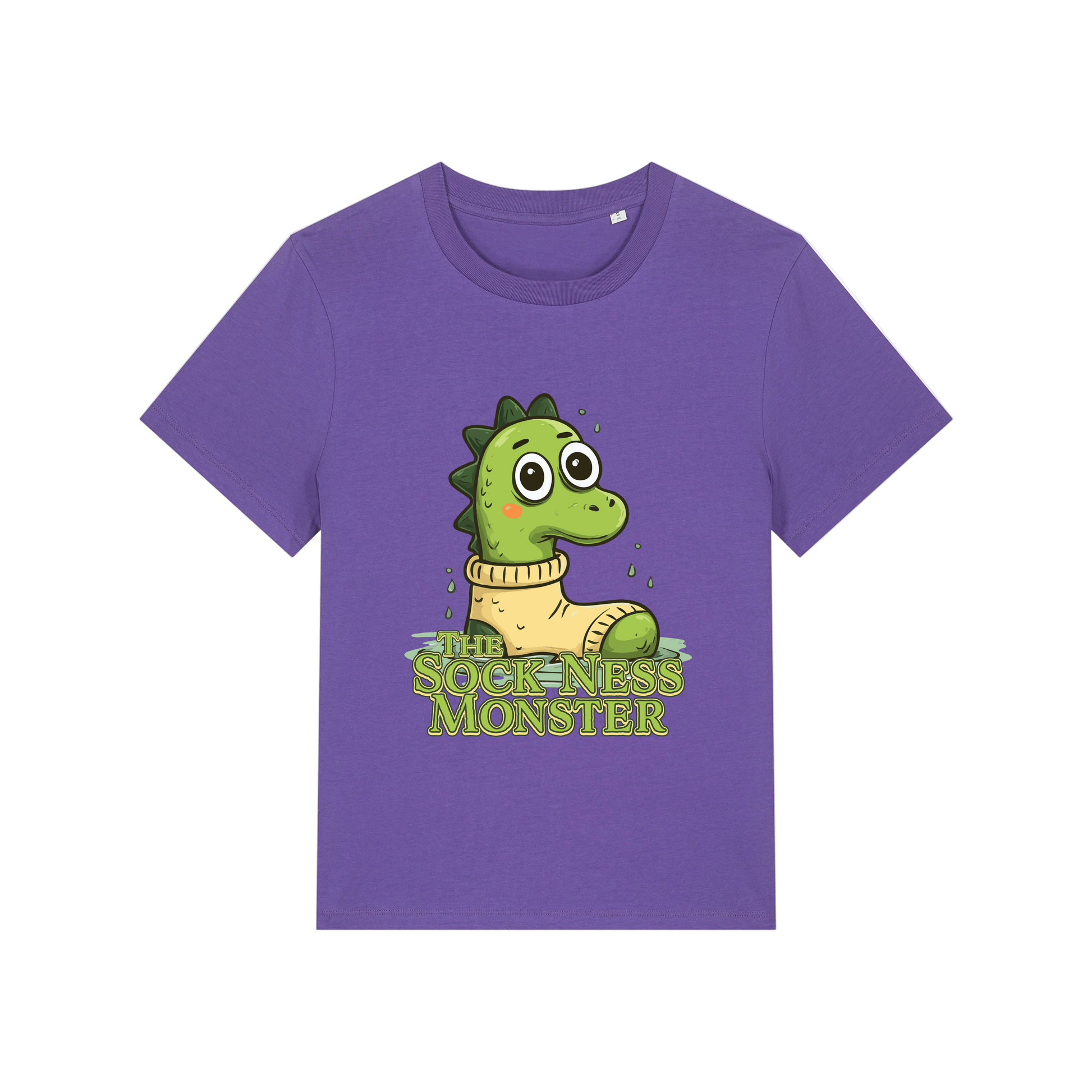 purple funny animal t-shirt with the graphic of nessie sat in a sock and the slogan 'the sock ness monster'