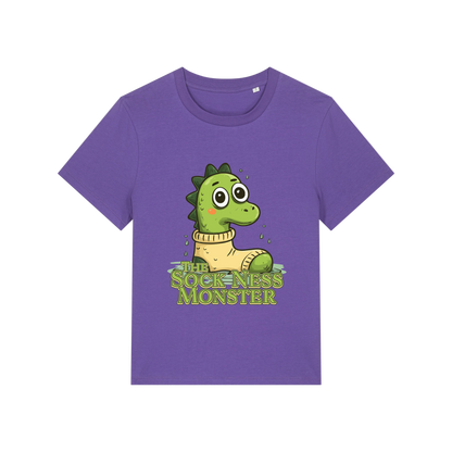 purple funny animal t-shirt with the graphic of nessie sat in a sock and the slogan 'the sock ness monster'